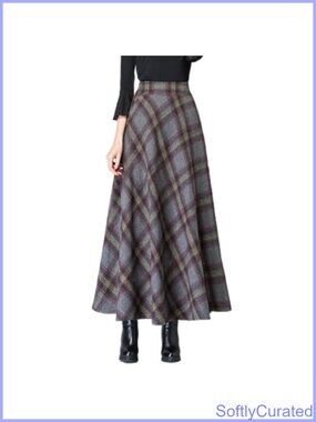 Women's Plaid A-Line Midi Maxi Skirt High Waisted Flowy Flared with Pockets